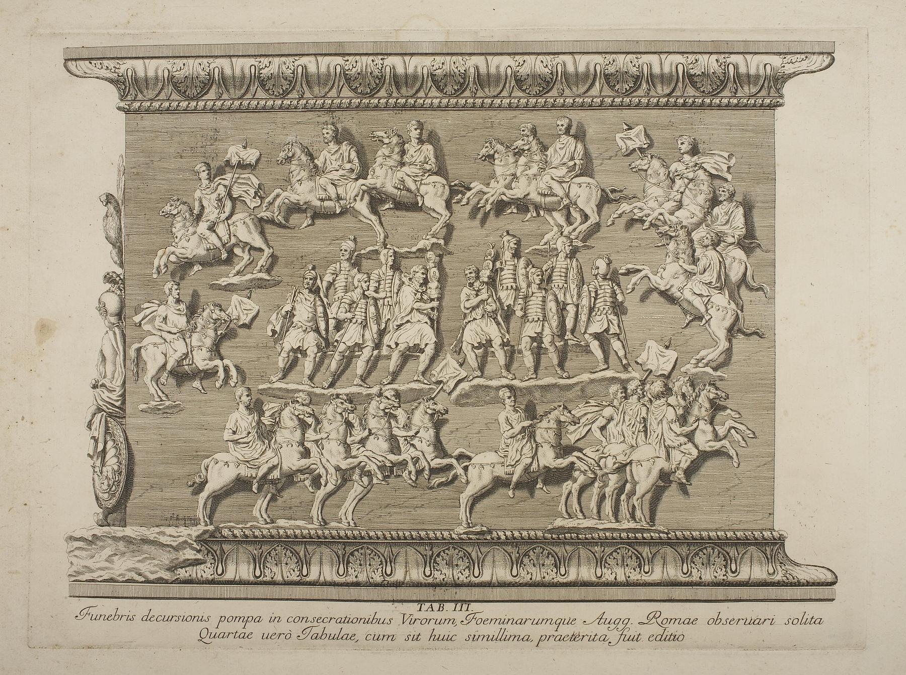 Ryttere og fodfolk i et udsnit fra Marcus Aurelius søjlens base, E1481