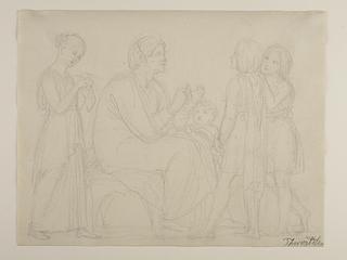 C1098 Ældre siddende kvinde og fire børn