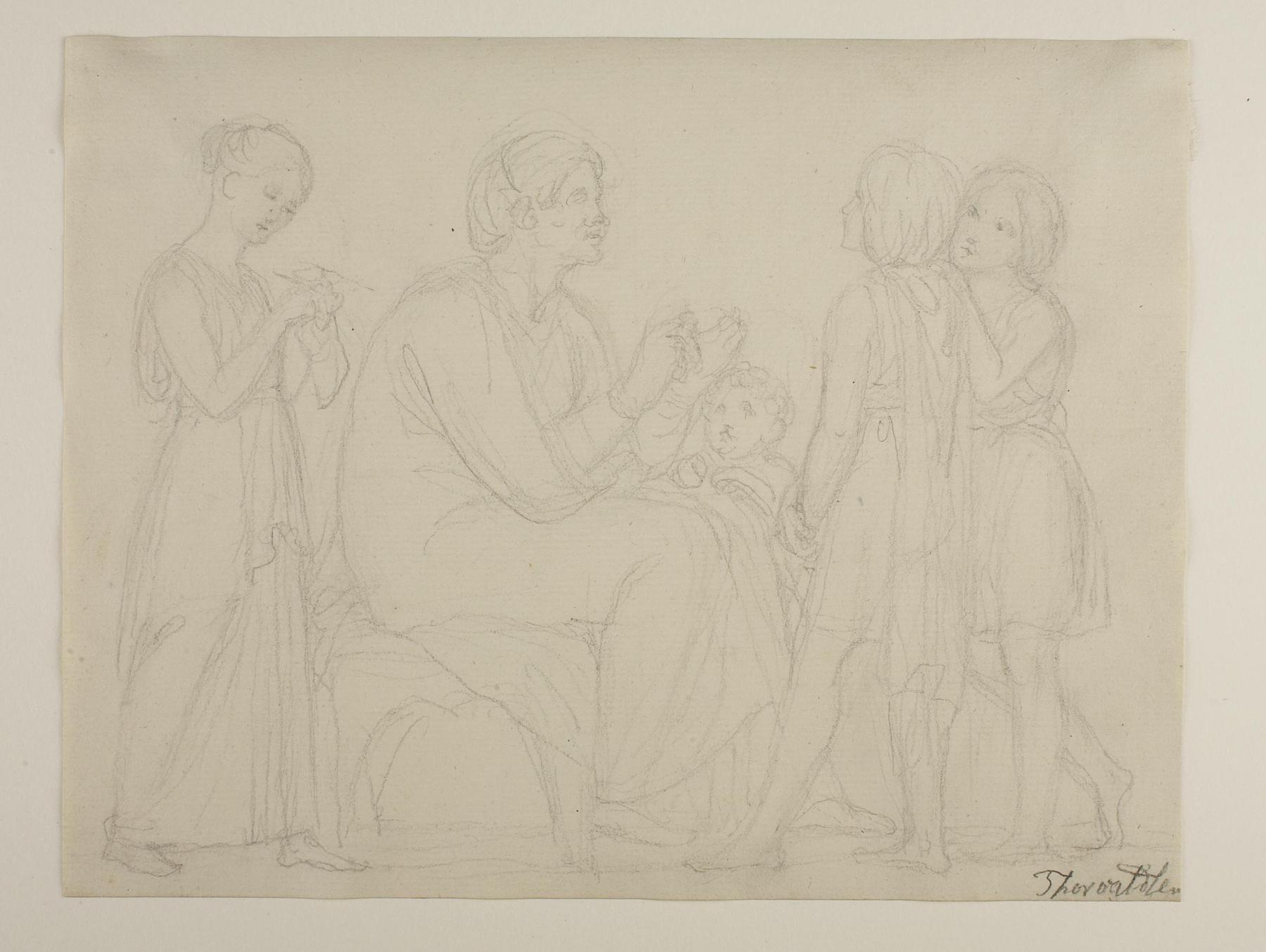 Ældre siddende kvinde og fire børn, C1098