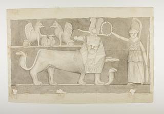 D1185 Female figure with lance and shield garlands a lion-sphinx