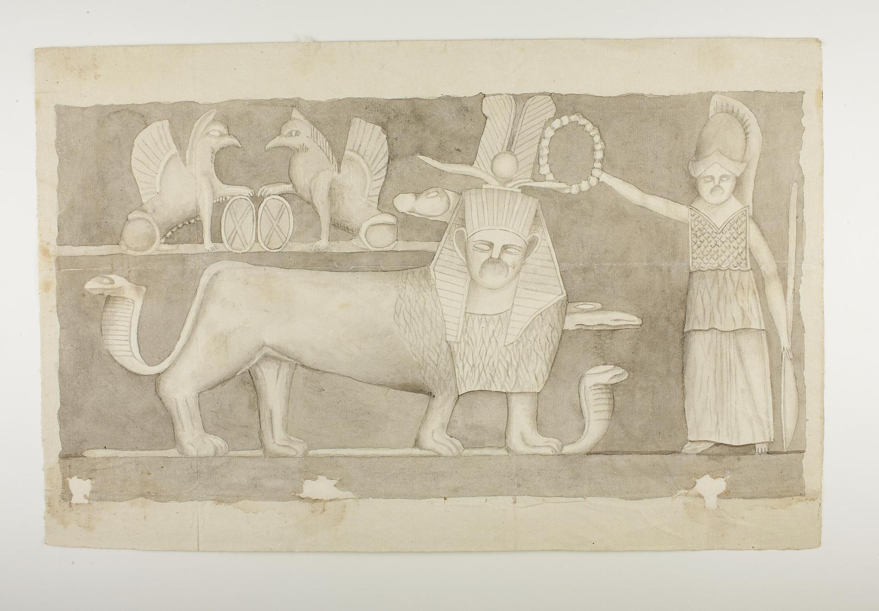 Kvindefigur med lanse og skjold kranser en løve-sfinx, D1185
