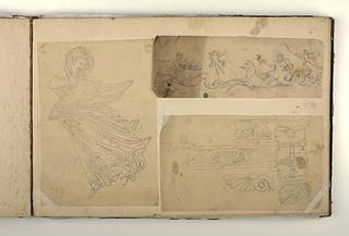 D1827,59 Kvindefigur i folderig dragt. Triton og kvinde på havhest. Ornamenter