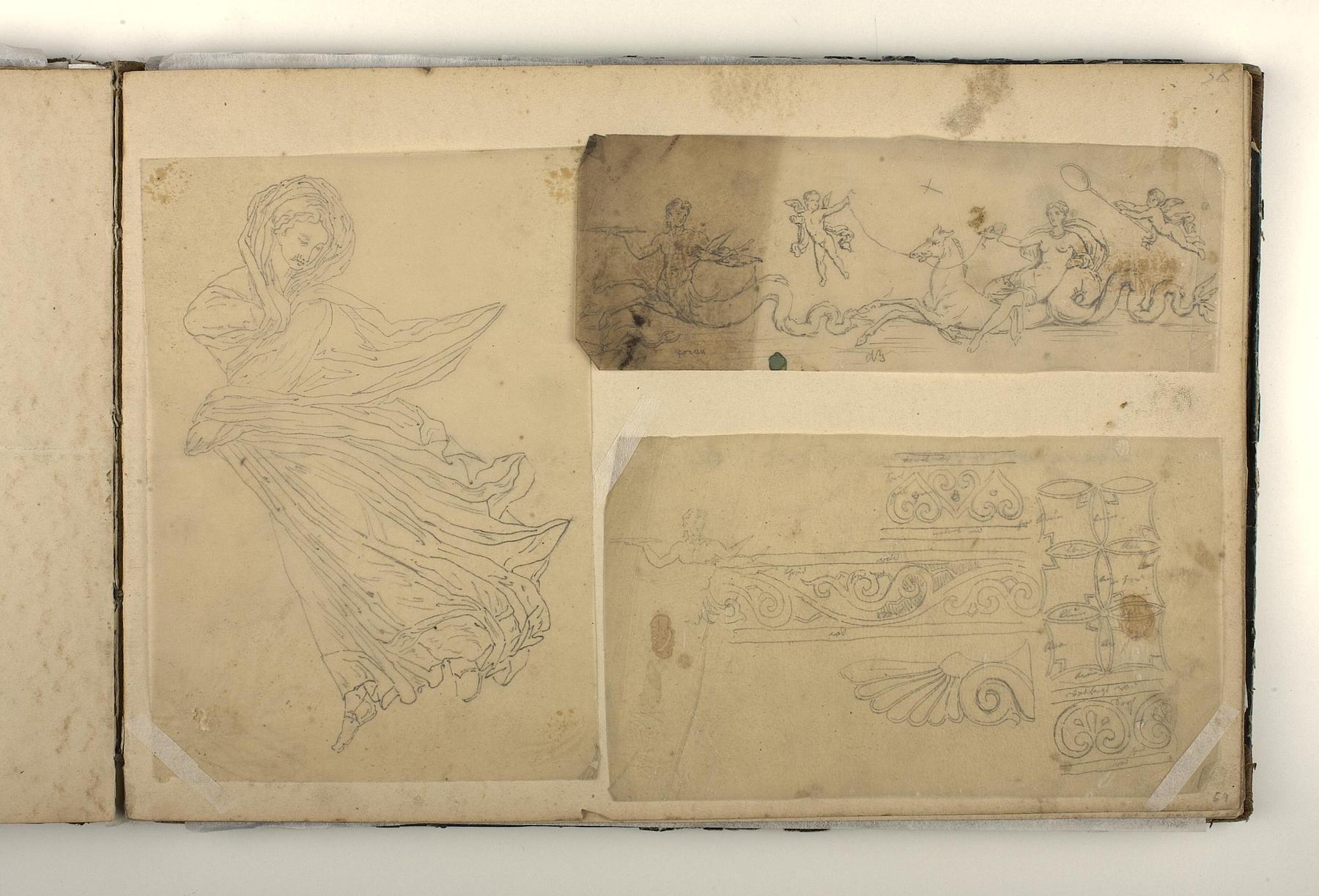 Kvindefigur i folderig dragt. Triton og kvinde på havhest. Ornamenter, D1827,59