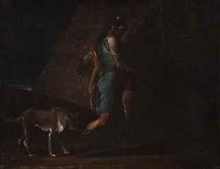 B408 Ossian, fulgt af Fingals hund Bran, bærer sin døde broder Fillan