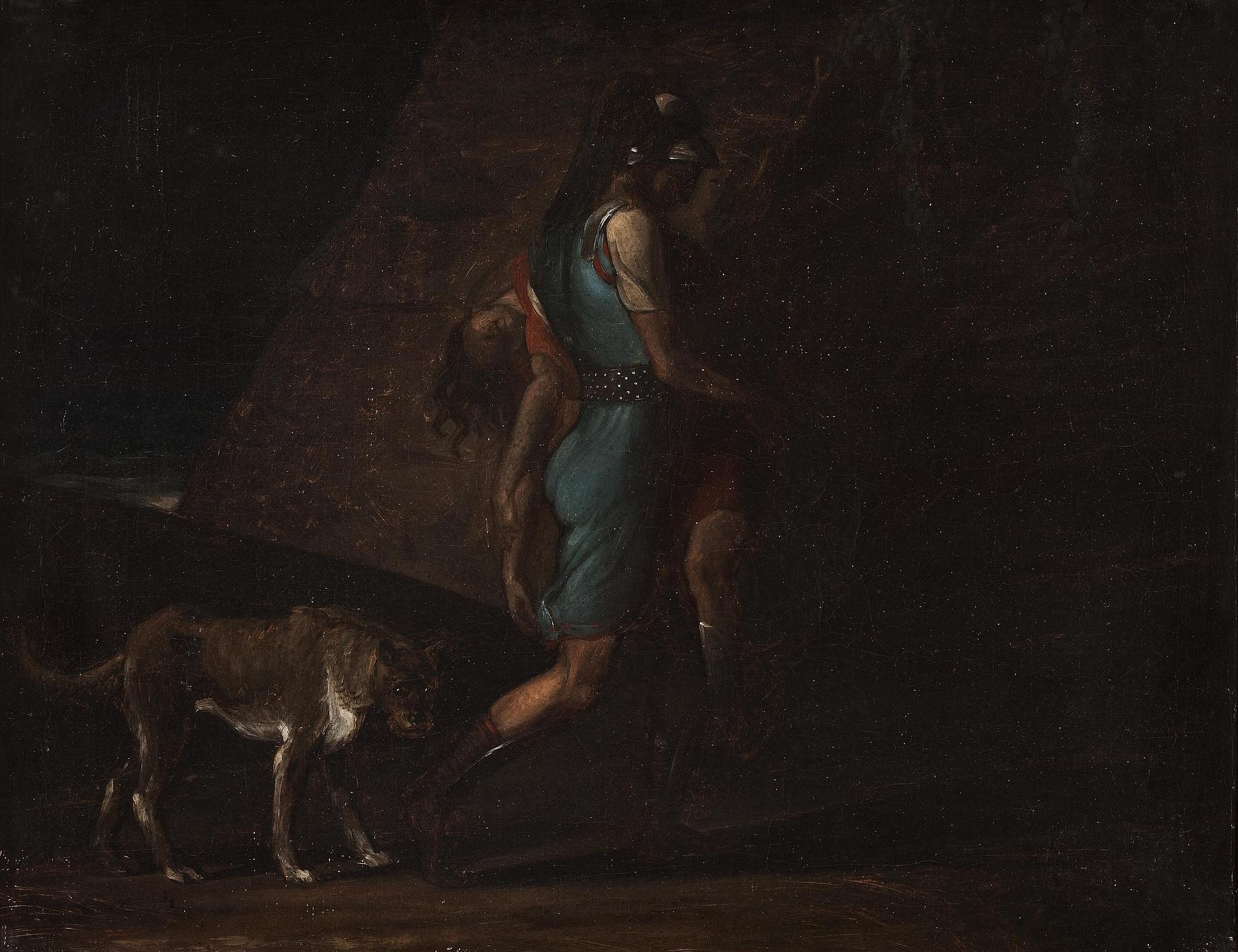 Ossian, fulgt af Fingals hund Bran, bærer sin døde broder Fillan, B408