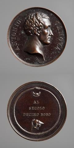 F111 Medaljens forside: Antonio Canova. Medaljens bagside: Minerva og Merkurs bevingede hat omkranset af en slange
