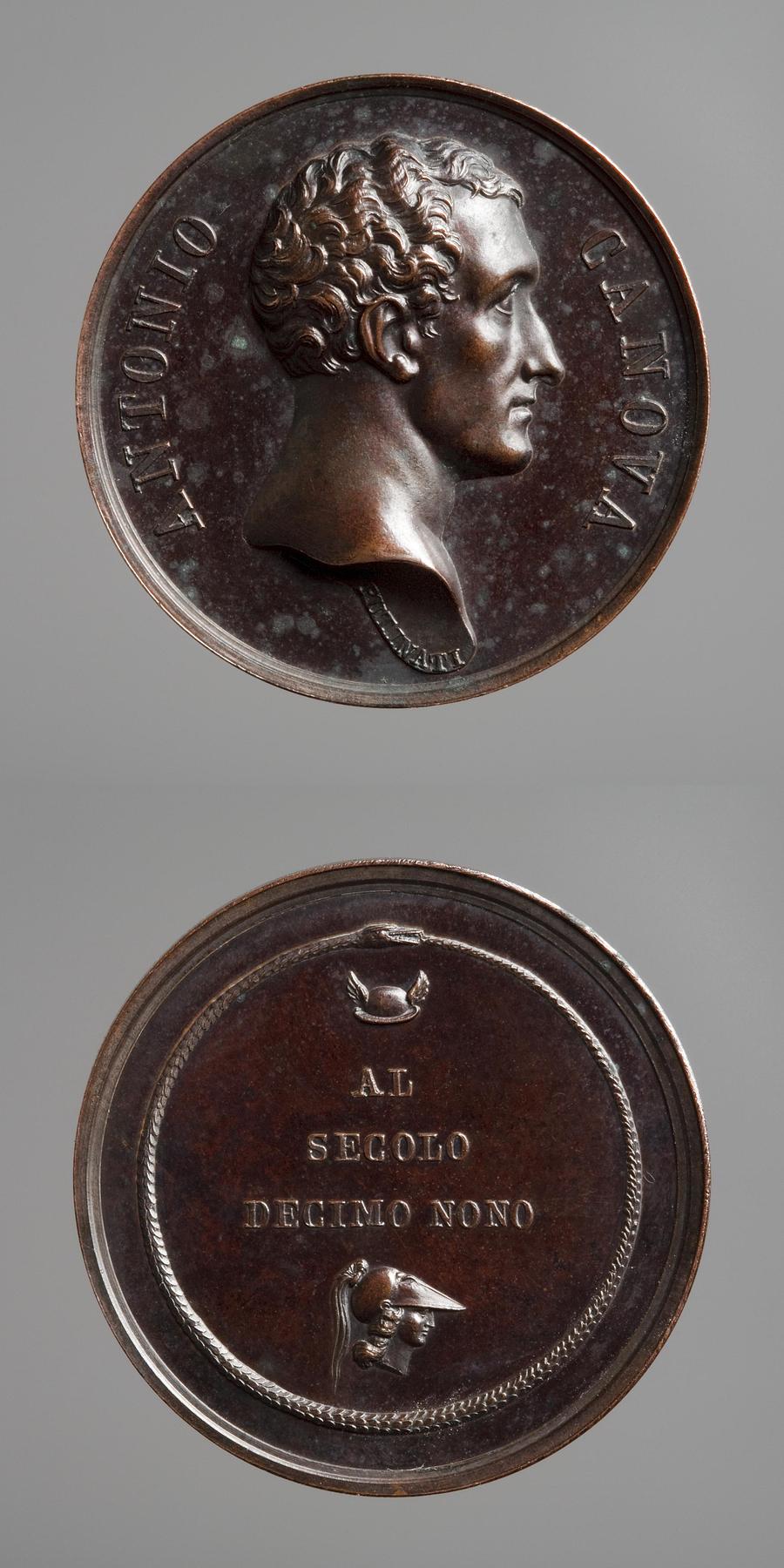 Medaljens forside: Antonio Canova. Medaljens bagside: Minerva og Merkurs bevingede hat omkranset af en slange, F111