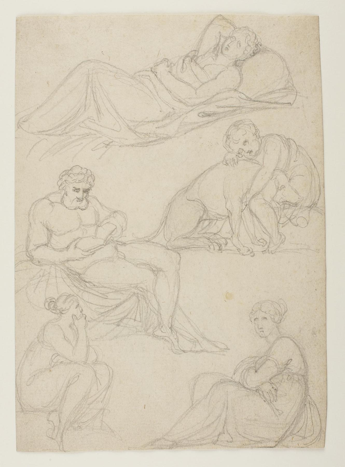 Female figures. Boy and dog. Nude male figure reading, C731r