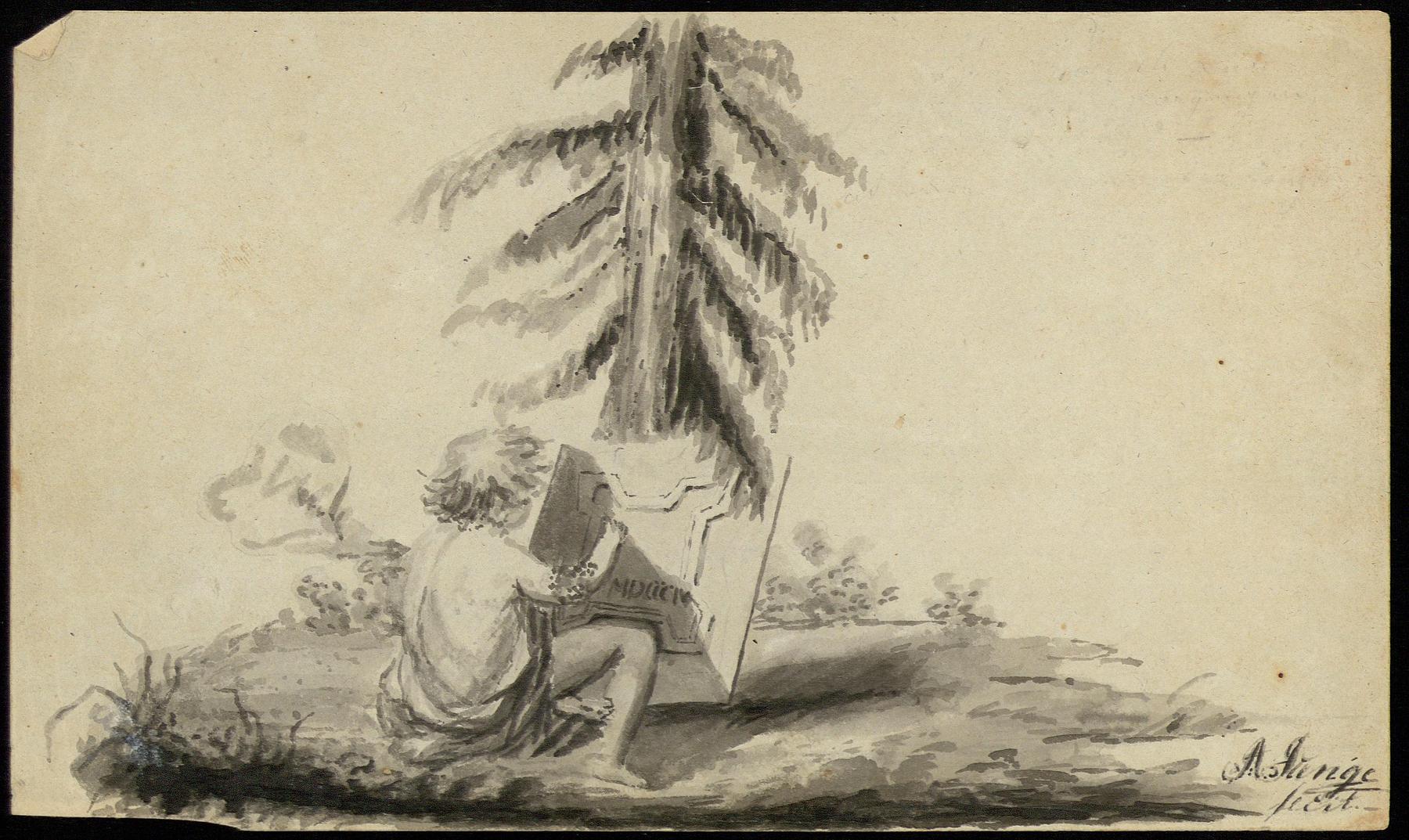Boy drawing a ground plan in a nature setting (Architecture in nature), N261,13