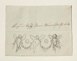 C221r Three hovering angels with flower branches as a festoon