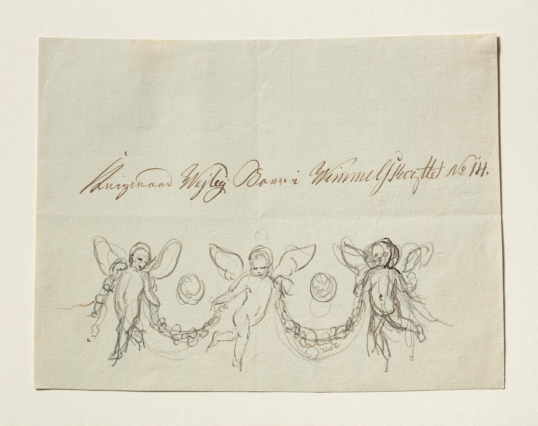 Tre svævende engle med blomsterranker som guirlander, C221r