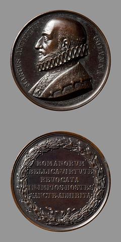 F86 Medal obverse: The archbishop Marcantonio Colonna. Medal reverse: Laurel wreath and inscription