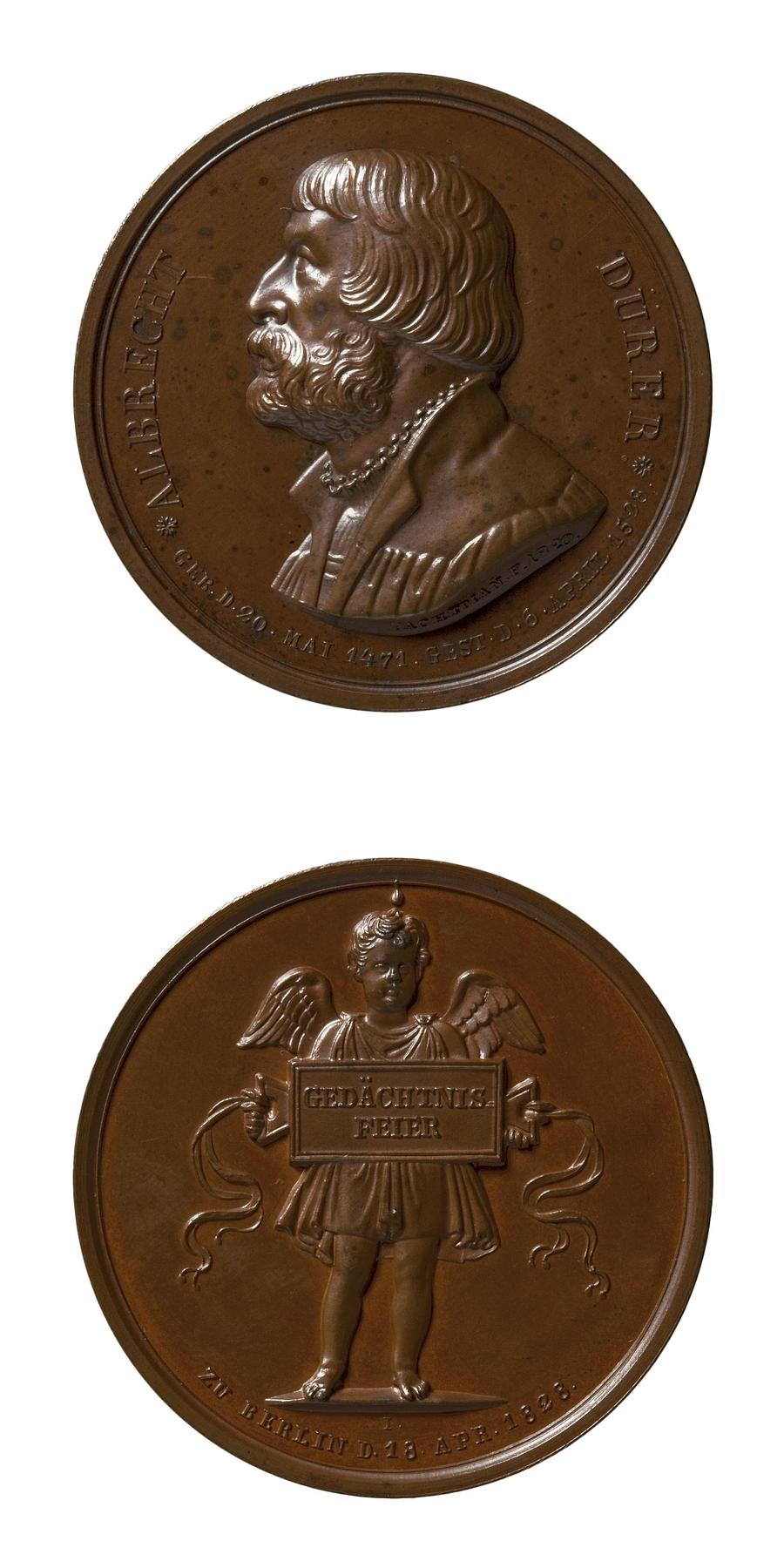 Medaljens forside: Albrecht Dürer. Medaljens bagside: Genius med en votivtavle, F93
