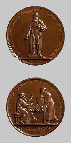 F21b Medaljens forside: Johann Gutenberg. Medaljens bagside: Opfindelsen af de bevægelige typer