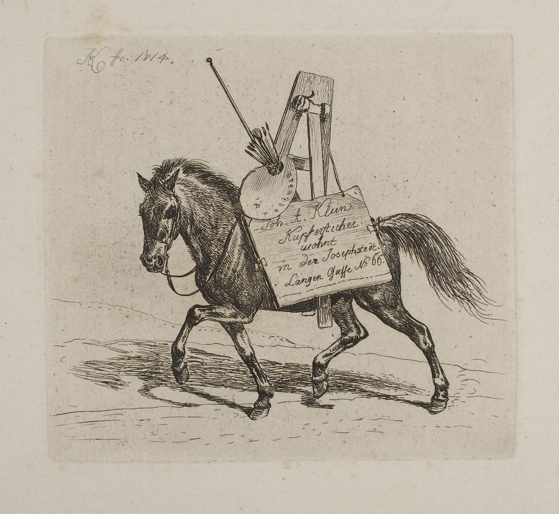 Hest lastet med maleredskaber og en tegnemappe med Kleins adresse i Langen Gasse No. 66, E670