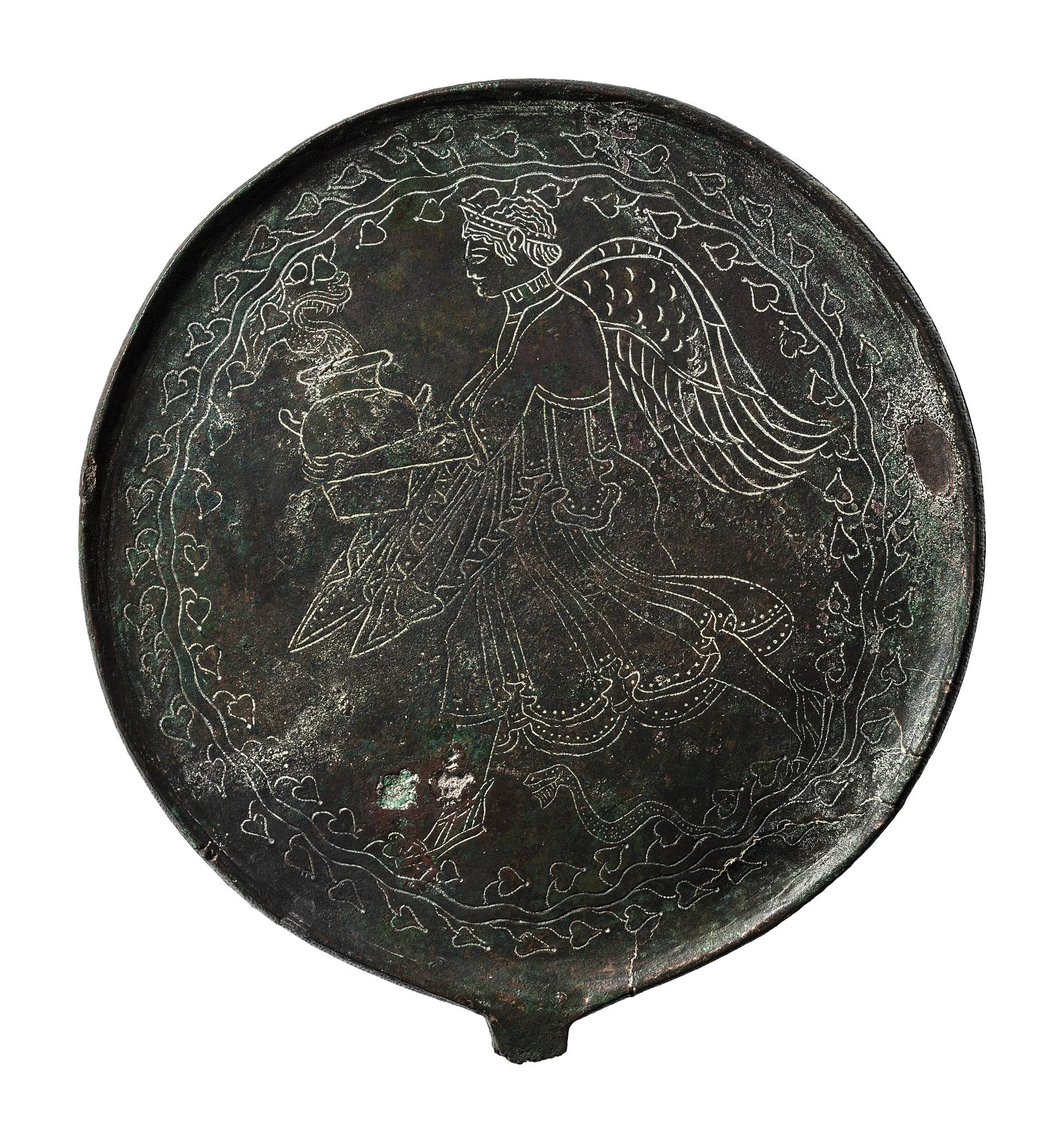 Mirror with a winged goddess (?) fetching water at a fountain, H2156