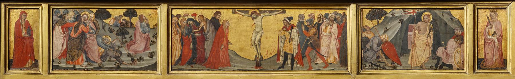 Predella med fremstillinger af Kristus i Gethsemane, Korsfæstelsen, Opstandelsen, Maria Magdalene og Sankt Catharina, B2