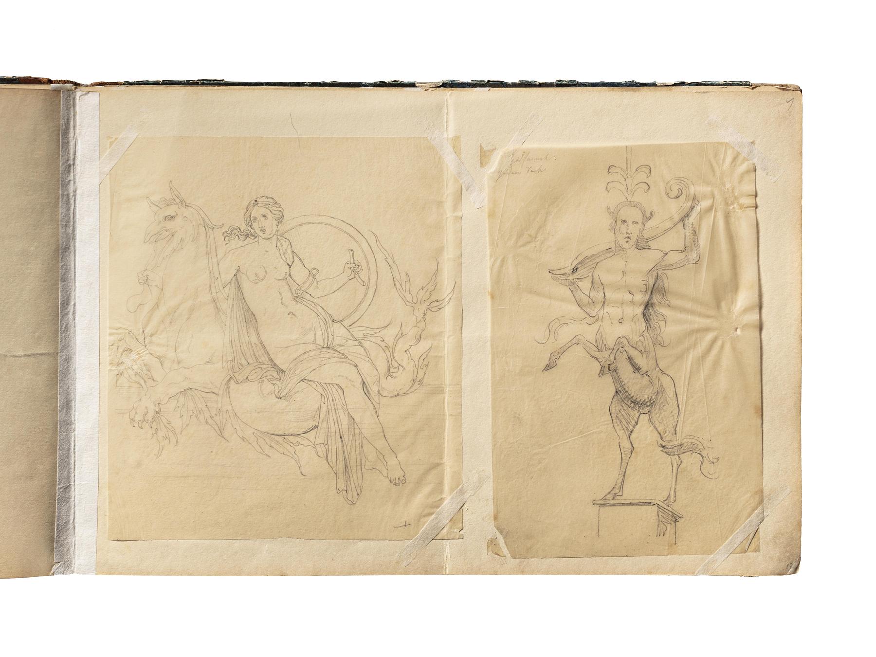 Kvindefigur med et skjold siddende på et søuhyre. Kentaur, D1827,17