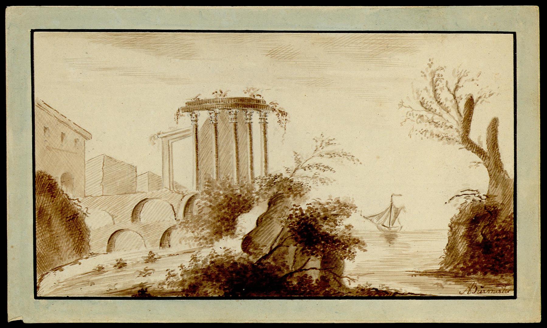 Ruin med korintiske søjler ved en kyst, N261,32